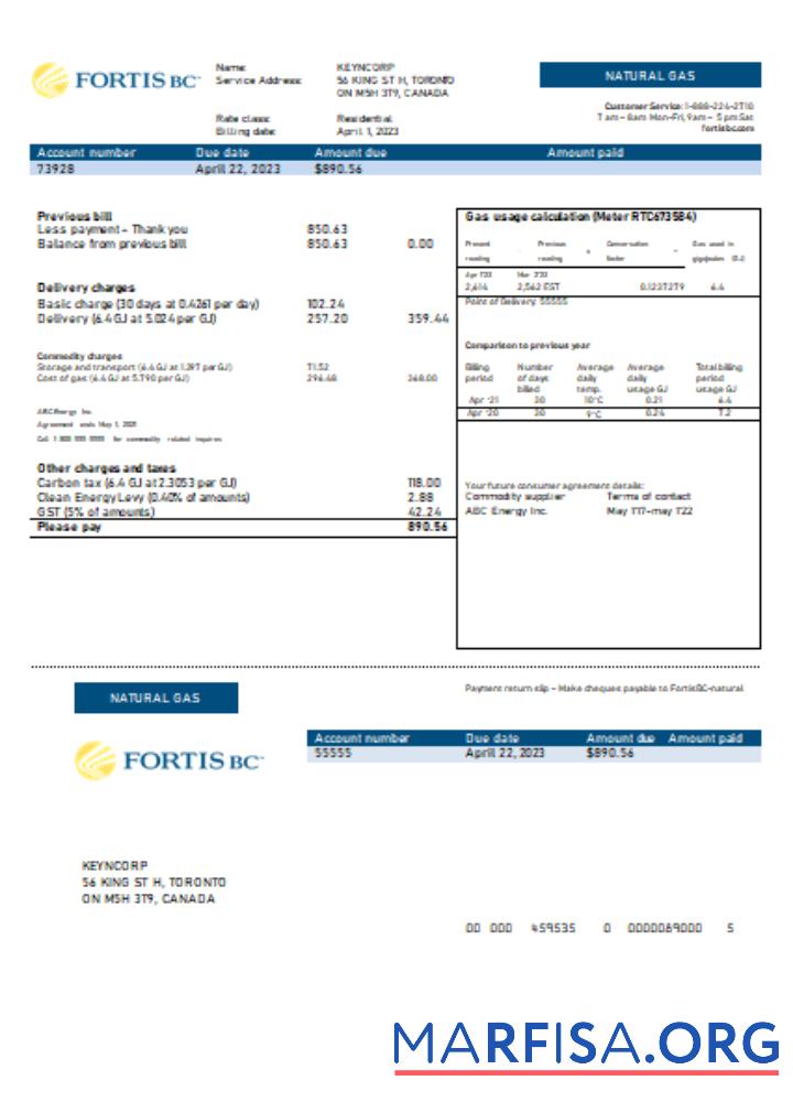 Downloadable British Columbia FortisBC utility business bill, SCR real example